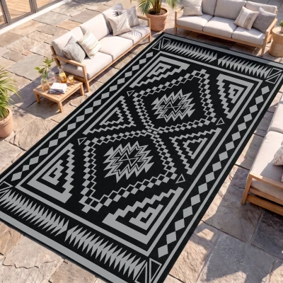 Outdoor Rug 215.7" x 107.9" x 0.12" Black and Gray Square Patchwork