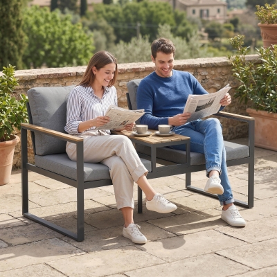 Outsunny Outdoor Garden Bench with Integrated Table, 2 Seater Patio Loveseat with Thick Cushions, 136 cm Grey