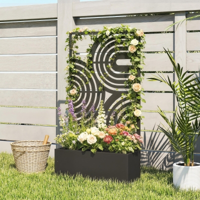 Outsunny Metal Planter Box with Trellis, 44.5" Raised Garden Bed with Trellis Privacy Screen for Climbing Plants