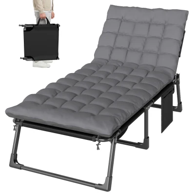 Outsunny 29.5" Wide Folding Chaise Lounge Chair Outdoor Tanning Chair, Camping Cot with Cushion, Side Pocket, Dark Grey