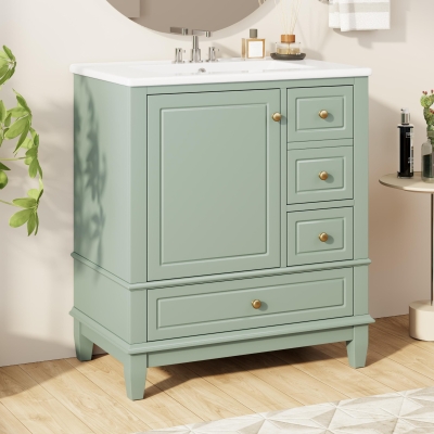 Stylish Bathroom Vanity with Easy-Clean Ceramic Sink, Ideal Cabinet for Modern Bathrooms, 30" L x 18.5" W x 33.5" H, Light Green