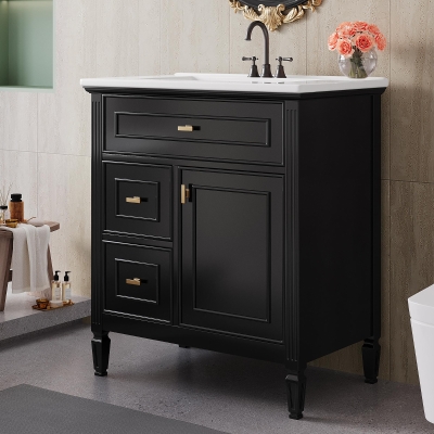 Spacious Vanity with Tip-Out Top Drawer and 2 Left-Side Drawers, Ideal Cabinet for Small-To-Medium Bathrooms, 30" L x 18.5" W x 33.5" H, Black