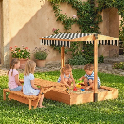 Qaba Kids Wooden Sandbox with Canopy, Picnic Table, Bench, Brown