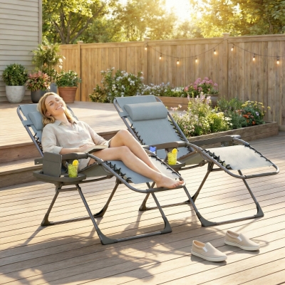 Outsunny Zero Gravity Chair Set of 2, Folding Reclining Outdoor Lounge Chair with Cup Holder, Headrest, Light Grey