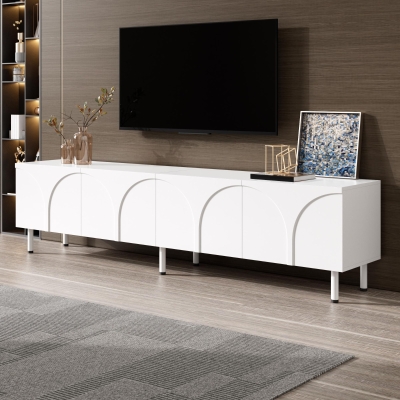 Low-Profile TV Cabinet with 4 Doors and 2 Internal Storage Compartments, Modern TV Stand with PB and MDF Construction, 71'' L x 14'' W x 19.5'' H, White