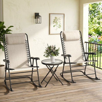Outsunny 3pc Patio Rocking Chair Set, Folding Outdoor Rocking Chairs and Table Bistro Set w/ Breathable Mesh Seat & Backrest, Headrest for Park, Backyard, Garden, Cream White