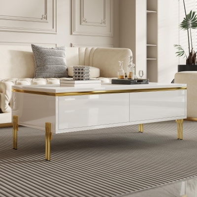 Modern High-Gloss Coffee Table with Hidden Dual Drawers, Stain-Resistant Center Table with Metal Legs, 39.5'' L x 19.5'' W x 14'' H, White