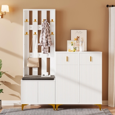 Functional Wardrobe Set with Multiple Compartments, Ideal Storage Unit for Hallways and Mudrooms, 21.5" L x 13.5" W x 68.5" H, White