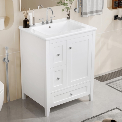 Ample Bathroom Vanity with 2 Upper Drawers and Removable Bottom Drawer, Ideal Cabinet for Small Bathrooms, 24" L x 18.5" W x 34" H, White