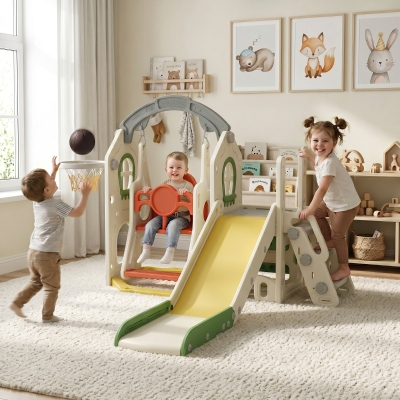 Qaba 6-in-1 Toddler Slide and Swing Set with Adjustable Swing Seat, Ladder, Climbing Wall, Basketball Hoop for Indoor Outdoor