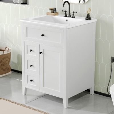 Sleek Bathroom Vanity with Tip-Out Top Drawer and 3 Pull-Out Drawers, Stylish Cabinet with Freestanding Design, 24" L x 18.5" W x 34" H, White