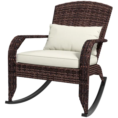 Outsunny Adirondack Chair, Outdoor Wicker Rocking Chair with High Back, Seat Cushion and Pillow for Porch, Balcony, Cream/Brown