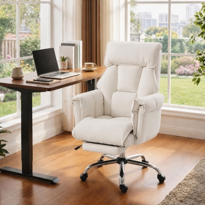 HOMCOM Desk Chair, Computer Office Chair with Footrest, Adjustable Backrest and Headrest, Cream White