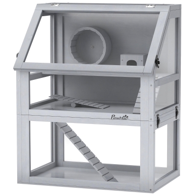 PawHut 3-Tier Wooden Hamster Cage with Wheel & Ramps, 24"x16"x29.5"