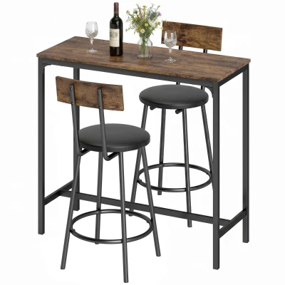 HOMCOM Bar Table Set Counter Height Barstools Set of 2 PU Cushioned Seats Rustic Brown