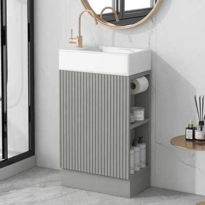 Practical Bathroom Vanity with 2-Tier Storage Shelves and Toilet Paper Holder, Compact Cabinet for Small Bathrooms, 18.5" L x 10.5" W x 33" H, Gray