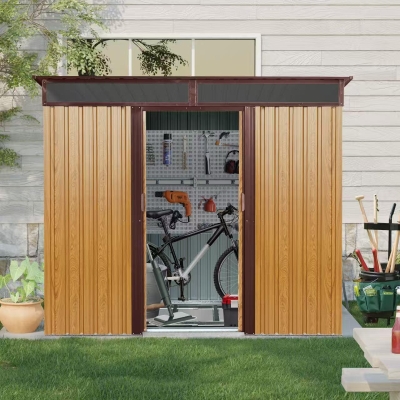 8ft x 6ft Outdoor Metal Storage Shed with Lockable Sliding Doors, Peaked Roof Metal House for Garden Tools, 93.5'' L x 68.5'' W x 77'' H, Coffee
