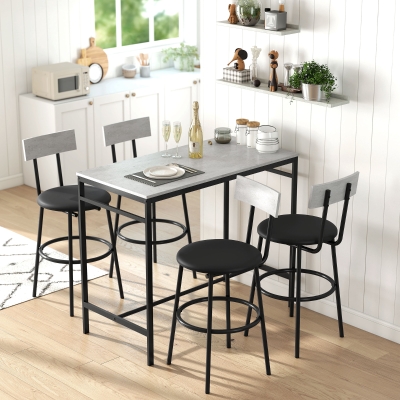 HOMCOM 5-Piece Bar Table Set, Industrial Bar Table and Stools for 4 with Footrest and Steel Frame for Kitchen, Cement Grey