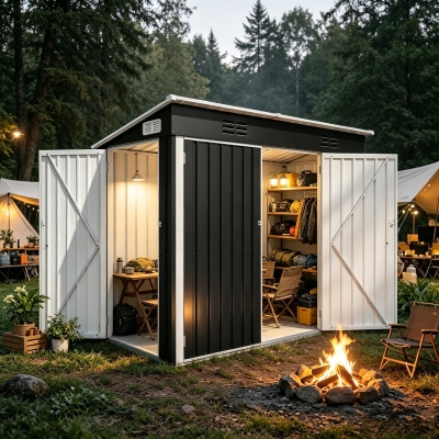 Galvanized Steel Outdoor Storage Shed with Ventilated Top Vents, Weatherproof Utility Shed with 3 Access Doors, 89'' L x 43'' W x 71'' H, Black