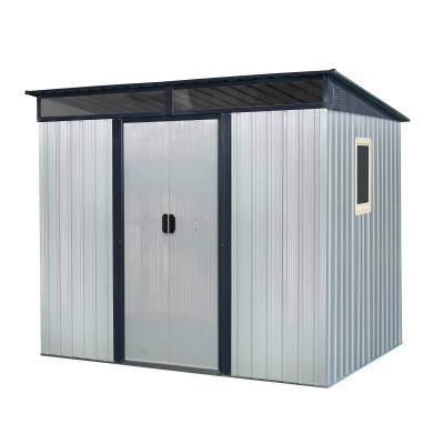 8ft x 6ft Outdoor Metal Storage Shed with Lockable Sliding Doors, Peaked Roof Metal House for Garden Tools, 93.5'' L x 68.5'' W x 77'' H, White+Black