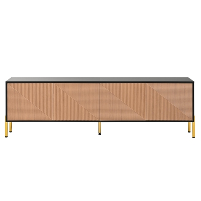 Modern TV Cabinet with Spacious Fully Enclosed Media Storage, Handle-Free 4-Door TV Stand with Slim Metal Legs, 70.5'' L x 14'' W x 21'' H, Black