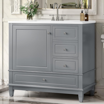 Spacious Bathroom Vanity with 3 Drawers and One-Door Cabinet, Freestanding Cabinet for Small Bathrooms, 36" L x 18.5" W x 33.5" H, Gray