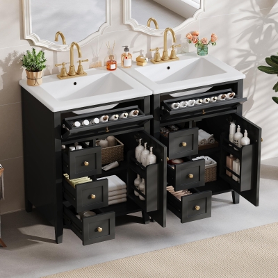 Double Bathroom Vanities with Tip-Out Top Drawer and 3 Pull-Out Drawers, Stylish Cabinets with Freestanding Design, 48" L x 18.5" W x 34" H, Black