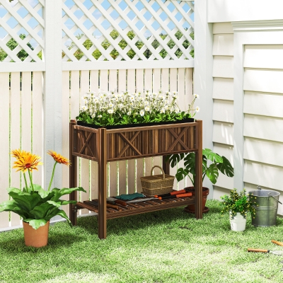 Outsunny Wooden Raised Garden Bed, Elevated Planter Box with Storage Shelf, Drainage Holes and Liner, 34"x18"x30", Carbonized