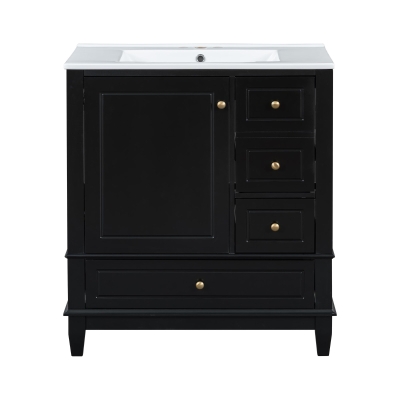 Stylish Bathroom Vanity with Easy-Clean Ceramic Sink and 3 Pre-Drilled Holes, Ideal Cabinet for Modern Bathrooms, 30" L x 18.5" W x 33.5" H, Black
