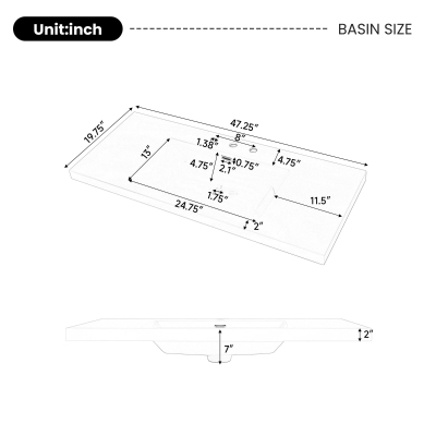 Resin Vanity Top with Integrated Basin, Pre-Drilled Sink Top with Built-In Overflow, 47'' L x 19.5'' W x 7'' H, White