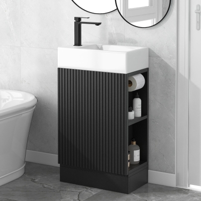 Practical Bathroom Vanity with 2-Tier Storage Shelves and Toilet Paper Holder, Compact Cabinet for Small Bathrooms, 18.5" L x 10.5" W x 33" H, Black
