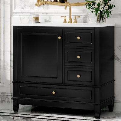 Spacious Bathroom Vanity with 3 Drawers and One-Door Cabinet, Freestanding Cabinet for Small Bathrooms, 36" L x 18.5" W x 33.5" H, Black