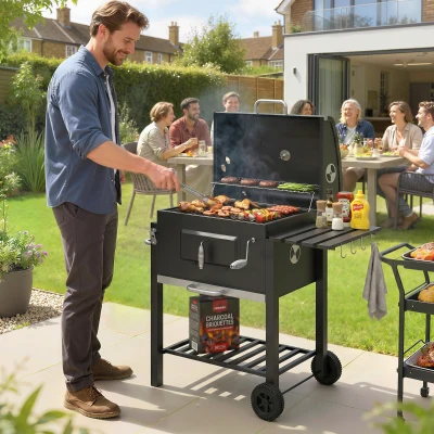 Outsunny Charcoal BBQ Grill & Smoker Combo, Portable Trolley, Black