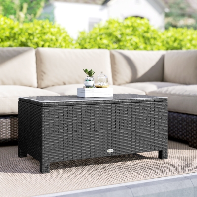 Outsunny PE Wicker Outdoor Coffee Table with Glass Top Garden Patio Table, Dark Grey