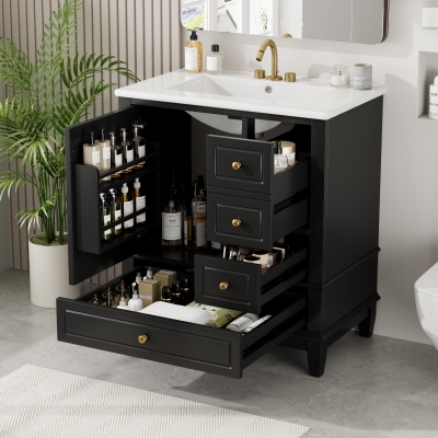 Stylish Bathroom Vanity with Easy-Clean Ceramic Sink and 3 Pre-Drilled Holes, Ideal Cabinet for Modern Bathrooms, 30" L x 18.5" W x 33.5" H, Black
