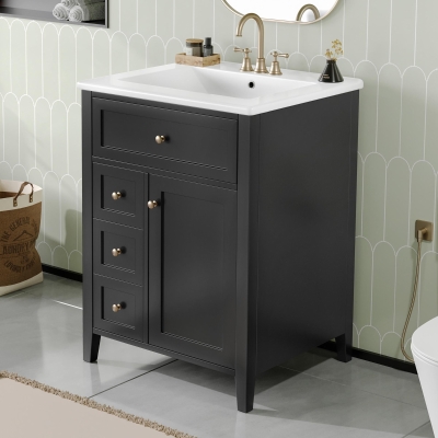 Sleek Bathroom Vanity with Tip-Out Top Drawer and 3 Pull-Out Drawers, Stylish Cabinet with Freestanding Design, 24" L x 18.5" W x 34" H, Black