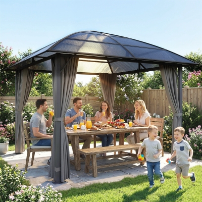 Outsunny 10' x 10' Outdoor Hardtop Gazebo Canopy with UV60+ Polycarbonate Roof, Steel Frame, Central Hook, Curtains, Light Grey