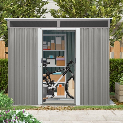 8ft x 6ft Outdoor Metal Storage Shed with Lockable Sliding Doors, Peaked Roof Metal House for Garden Tools, 93.5'' L x 68.5'' W x 77'' H, Gray