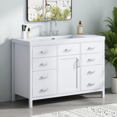 48" Bathroom Vanity with 2" Integrated Resin Sink, Multi- Drawer Vanity Cabinet with Removable Dividers and Door Racks, 47'' L x 19.5'' W x 33.5'' H, White