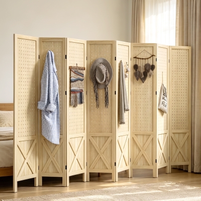 HOMCOM Wooden Room Divider with Pegboard Display, 8 Panel Folding Privacy Screen for Home Office, Natural Wood