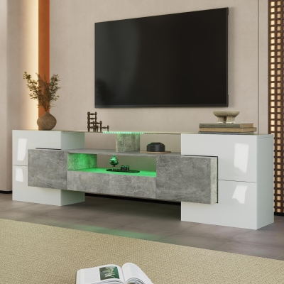 Spacious TV Stand with 6 Doors and 2 Drawers, Stylish Lowboard for Living Rooms, 78.5" L x 13.5" W x 23.5" H, White+Gray
