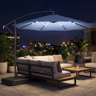Outsunny 10 ft Cantilever Patio Umbrella with Lights, Dark Blue