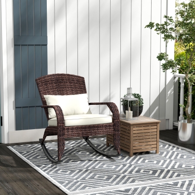 Outsunny Adirondack Chair, Outdoor Wicker Rocking Chair with High Back, Seat Cushion and Pillow for Porch, Balcony, Cream/Brown