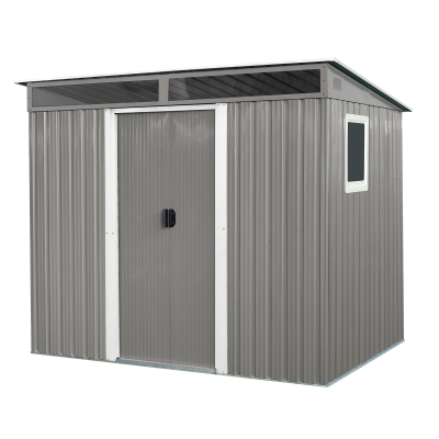 8ft x 6ft Outdoor Metal Storage Shed with Lockable Sliding Doors, Peaked Roof Metal House for Garden Tools, 93.5'' L x 68.5'' W x 77'' H, Gray
