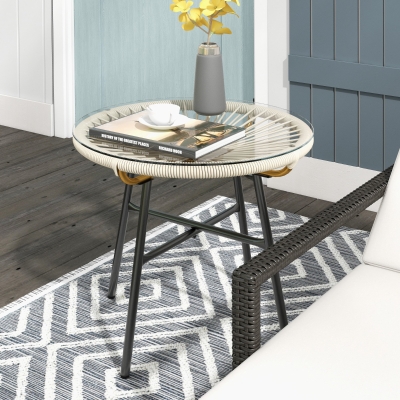 Outsunny Rattan Side Table, Round Outdoor Table, with Round PE Rattan and Tempered Glass Table Top for Patio, Garden, Cream White