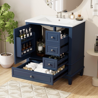 Stylish Bathroom Vanity with Easy-Clean Ceramic Sink and 3 Pre-Drilled Holes, Ideal Cabinet for Modern Bathrooms, 30" L x 18.5" W x 33.5" H, Blue