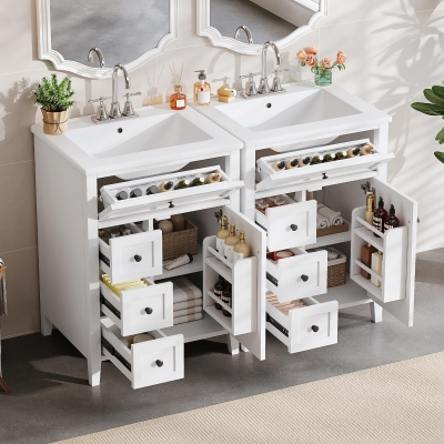 Double Bathroom Vanities with Tip-Out Top Drawer and 3 Pull-Out Drawers, Stylish Cabinets with Freestanding Design, 48" L x 18.5" W x 34" H, White