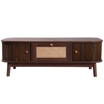 Rattan Coffee Table with Woven Drawers and Unique Sliding Cabinet Doors, Sliding Door Center table with Slatted Base, 43.5'' L x 21.5'' W x 15'' H, Wood