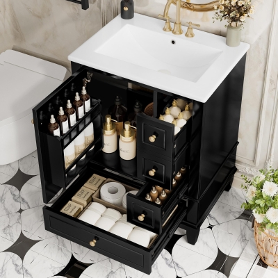 Spacious Bathroom Vanity with 3 Drawers and One-Door Cabinet, Freestanding Cabinet for Small Bathrooms, 24" L x 18.5" W x 34" H, Black