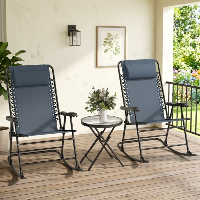 Outsunny 3pc Patio Rocking Chair Set, Folding Outdoor Rocking Chairs and Table Bistro Set w/ Breathable Mesh Seat & Backrest, Headrest for Park, Backyard, Garden, Grey